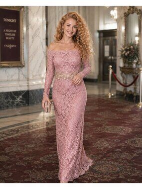 Cindy Large Pink Lace Off The Shoulder Long Sleeve Gown Evening Glam Party Chic